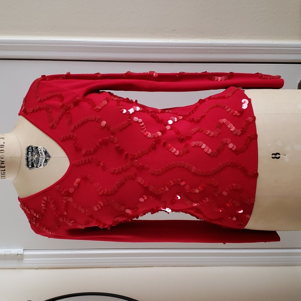 Radzoli Red V-Neck Long Sleeve Sweater with Sequin Detail